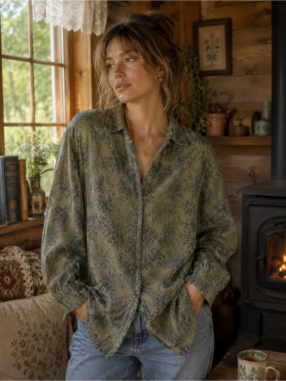 Cabin Creek Olive Green Cotton Cordurory Shirt w Navy Floral Print cottagecore